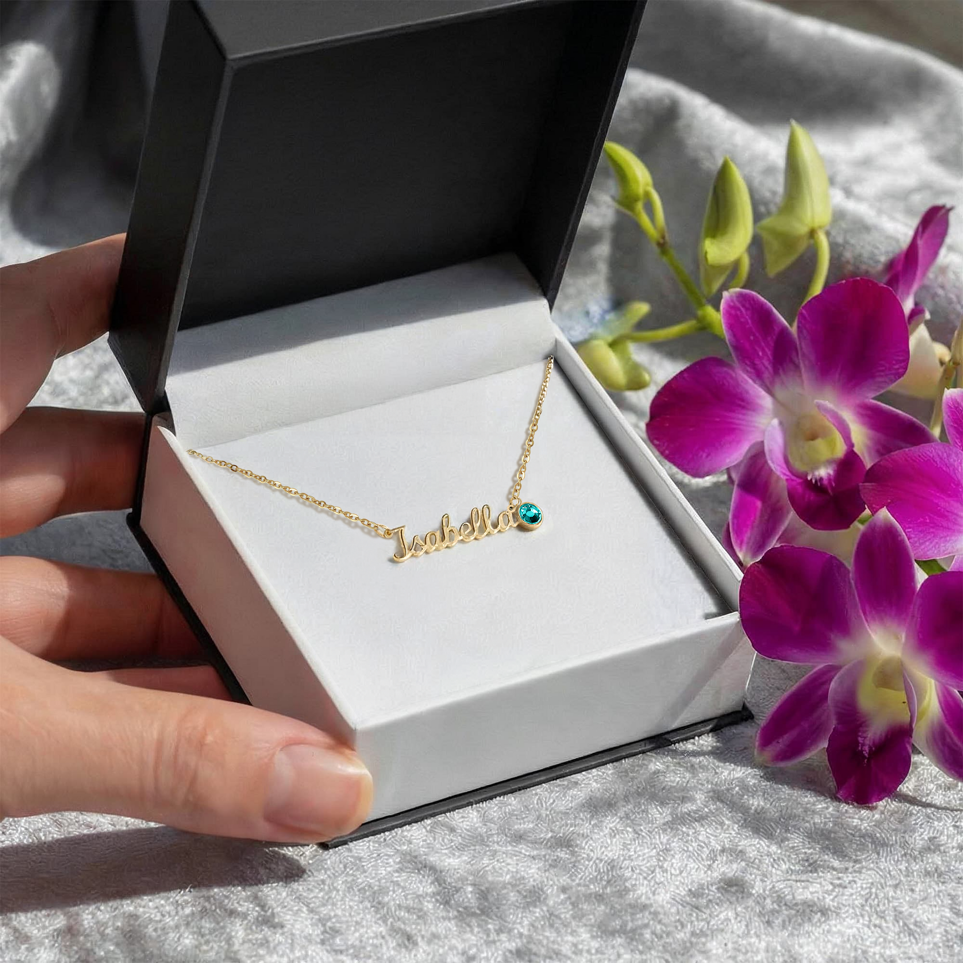 Personalized birthstone name necklace in a gift box