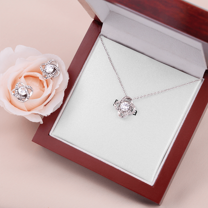 Love knot necklace and earring set in a wooden gift box