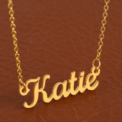 18k gold name necklace personalized with a name, on white