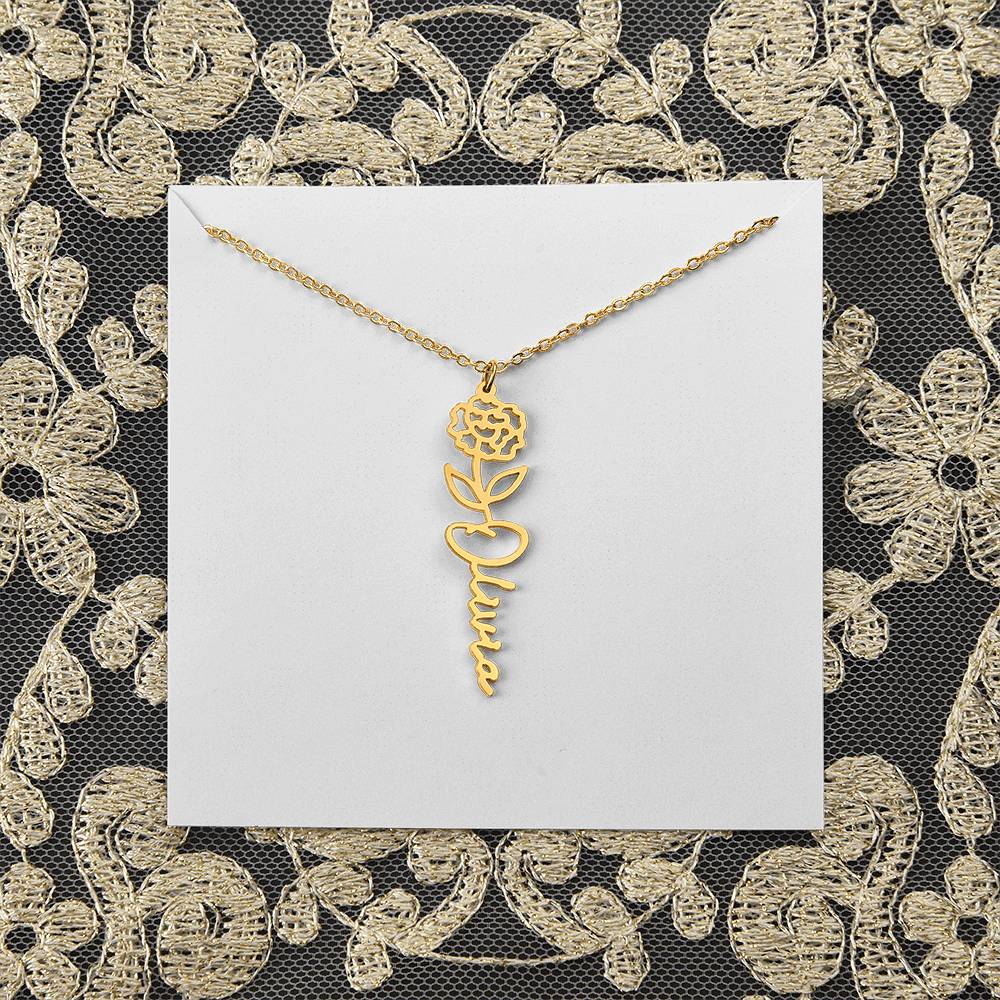 Gold flower name necklace styled on lace
