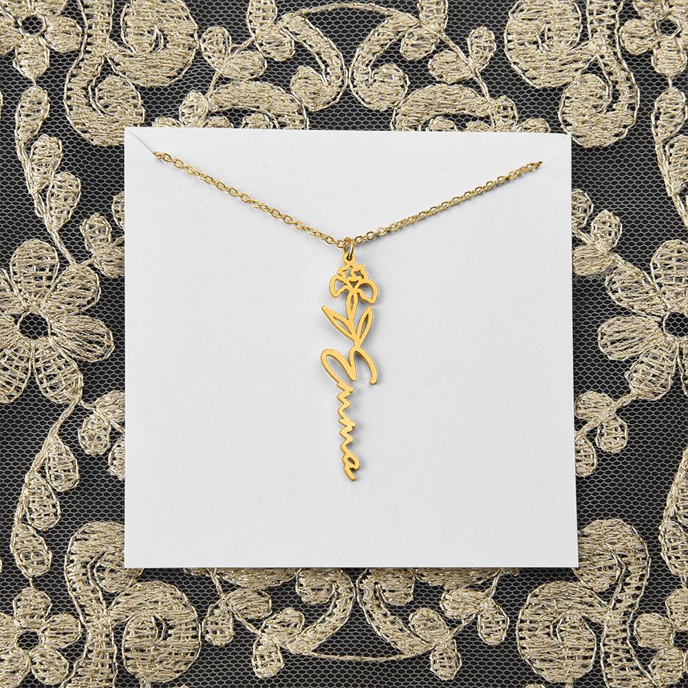 Personalized flower name necklace in flowing gold script