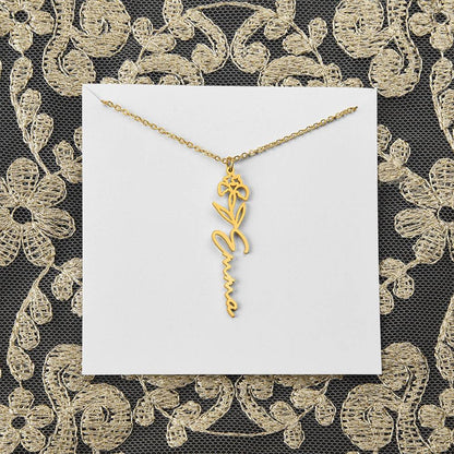 Personalized flower name necklace in flowing gold script