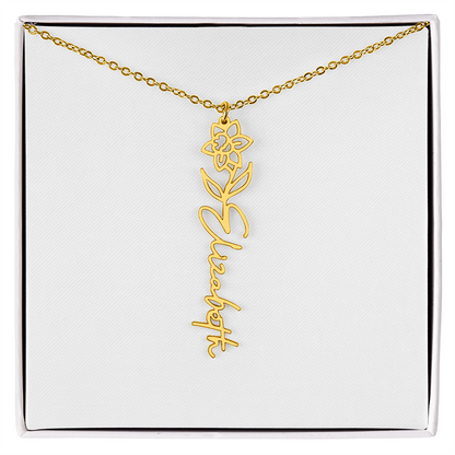 Flower name necklace in a wooden gift box