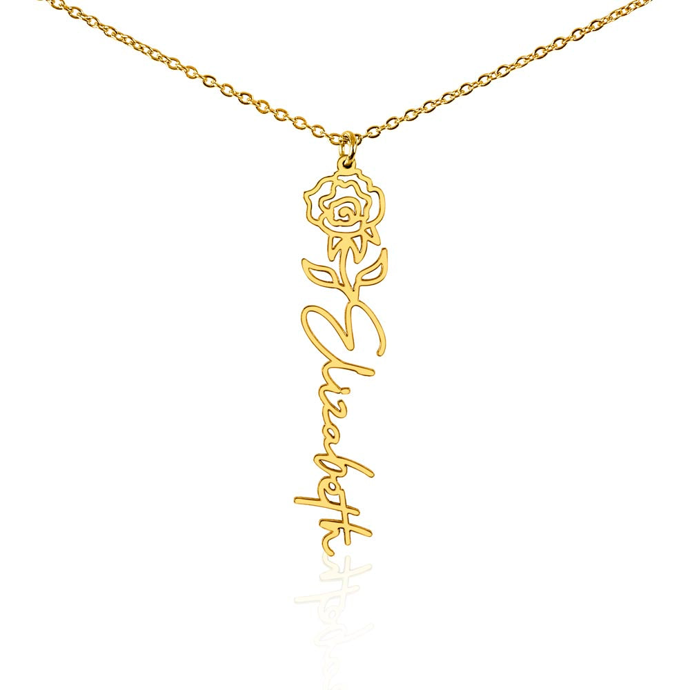Gold flower name necklace, close up detail