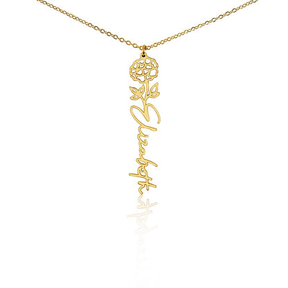 Gold flower name necklace styled as a personalized gift