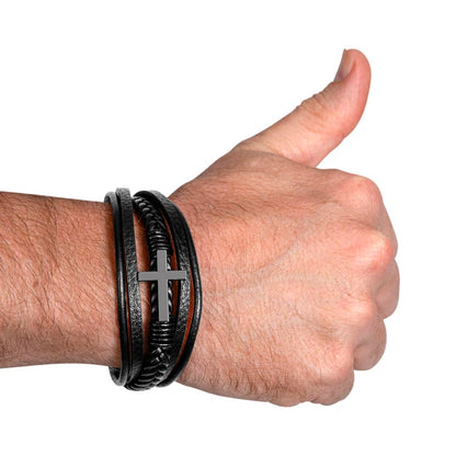 Men's Cross Leather Bracelet, Braided Vegan Leather with Stainless Steel Cross