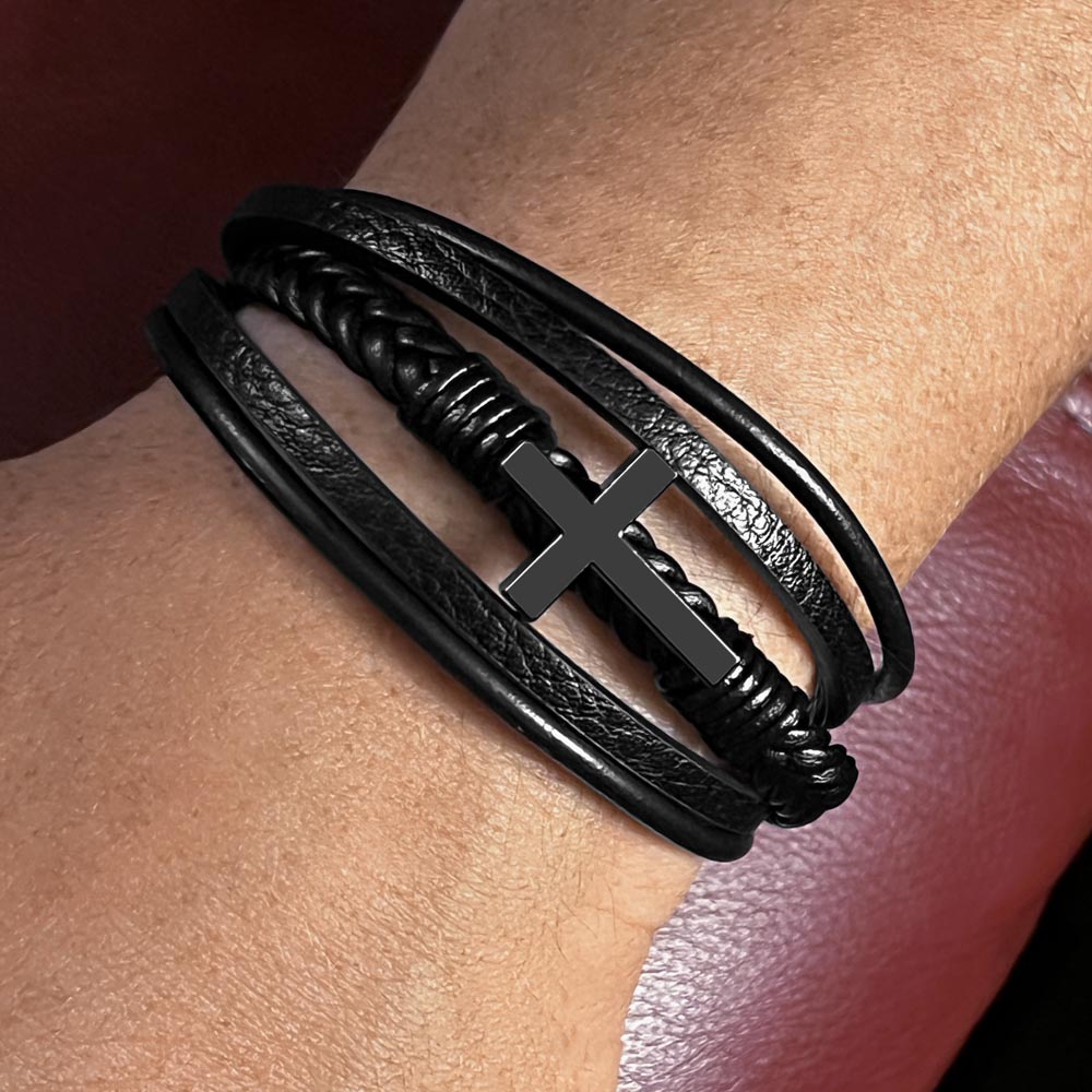 Men's Cross Leather Bracelet, Braided Vegan Leather with Stainless Steel Cross