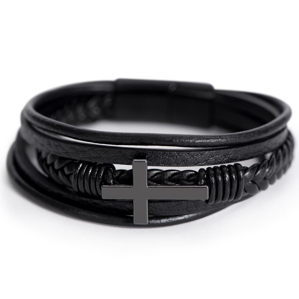 Men's Cross Leather Bracelet, Braided Vegan Leather with Stainless Steel Cross
