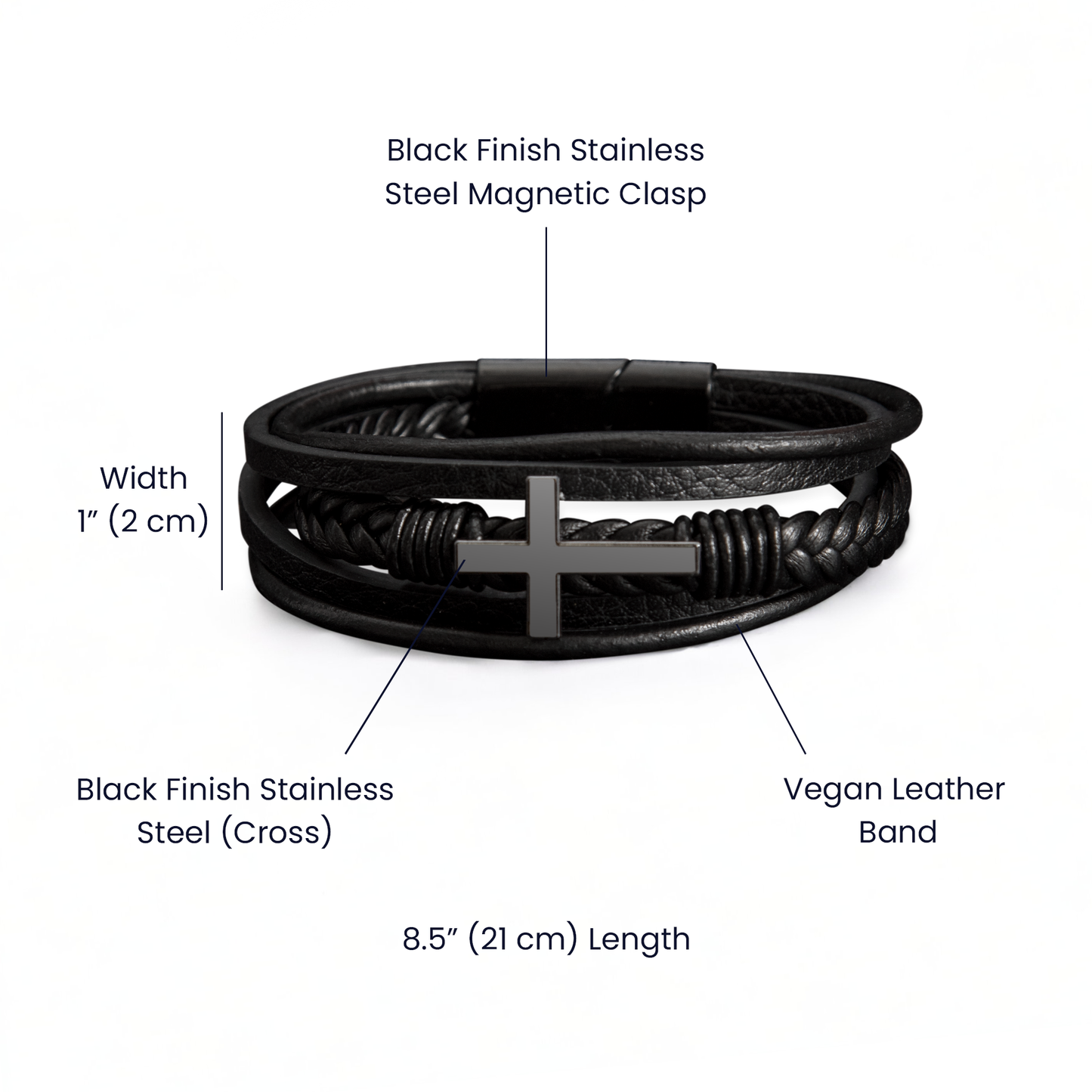 Men's Cross Leather Bracelet, Braided Vegan Leather with Stainless Steel Cross