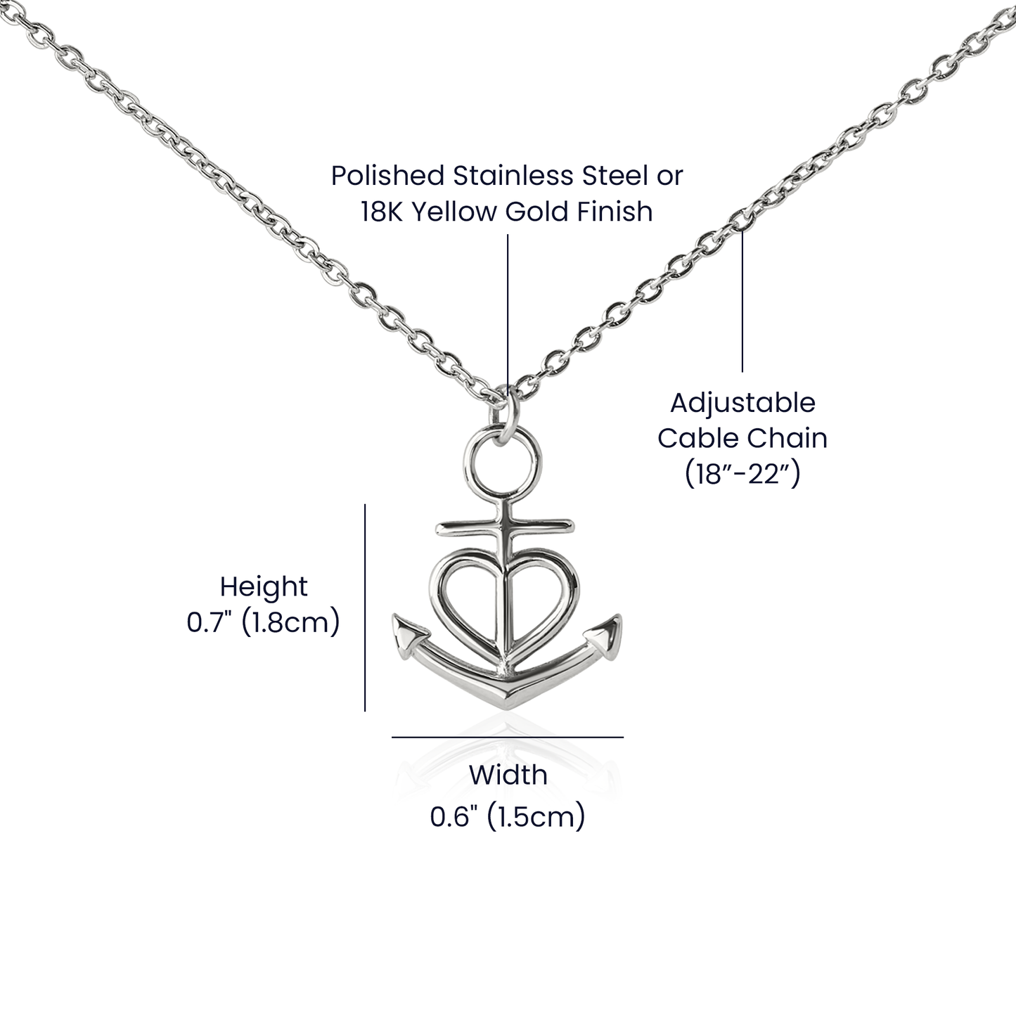 Anchor Pendant Necklace for Men, 18K Yellow Gold Finish or Polished Stainless Steel