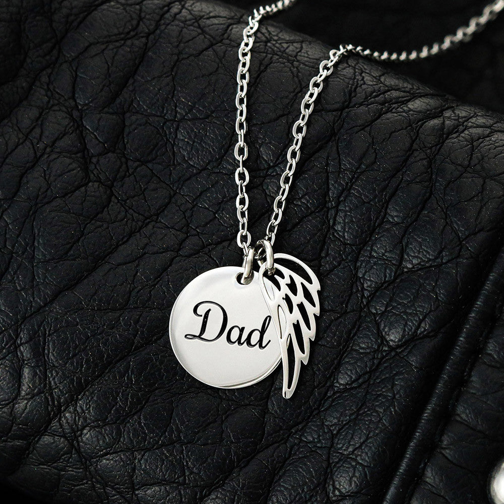 Memorial Necklace for Dad, Angel Wing Keepsake, 18K Yellow Gold Finish or Polished Stainless Steel