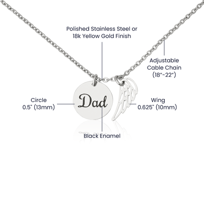 Memorial Necklace for Dad, Angel Wing Keepsake, 18K Yellow Gold Finish or Polished Stainless Steel