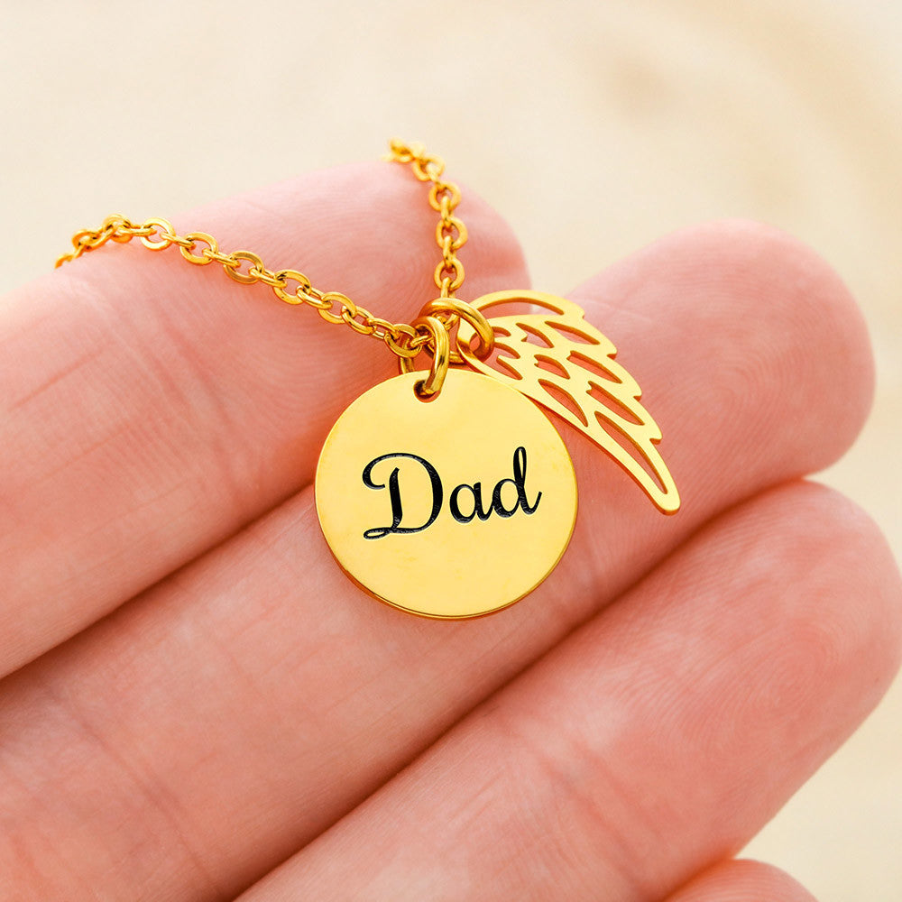 Memorial Necklace for Dad, Angel Wing Keepsake, 18K Yellow Gold Finish or Polished Stainless Steel