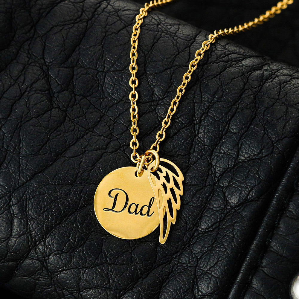 Memorial Necklace for Dad, Angel Wing Keepsake, 18K Yellow Gold Finish or Polished Stainless Steel