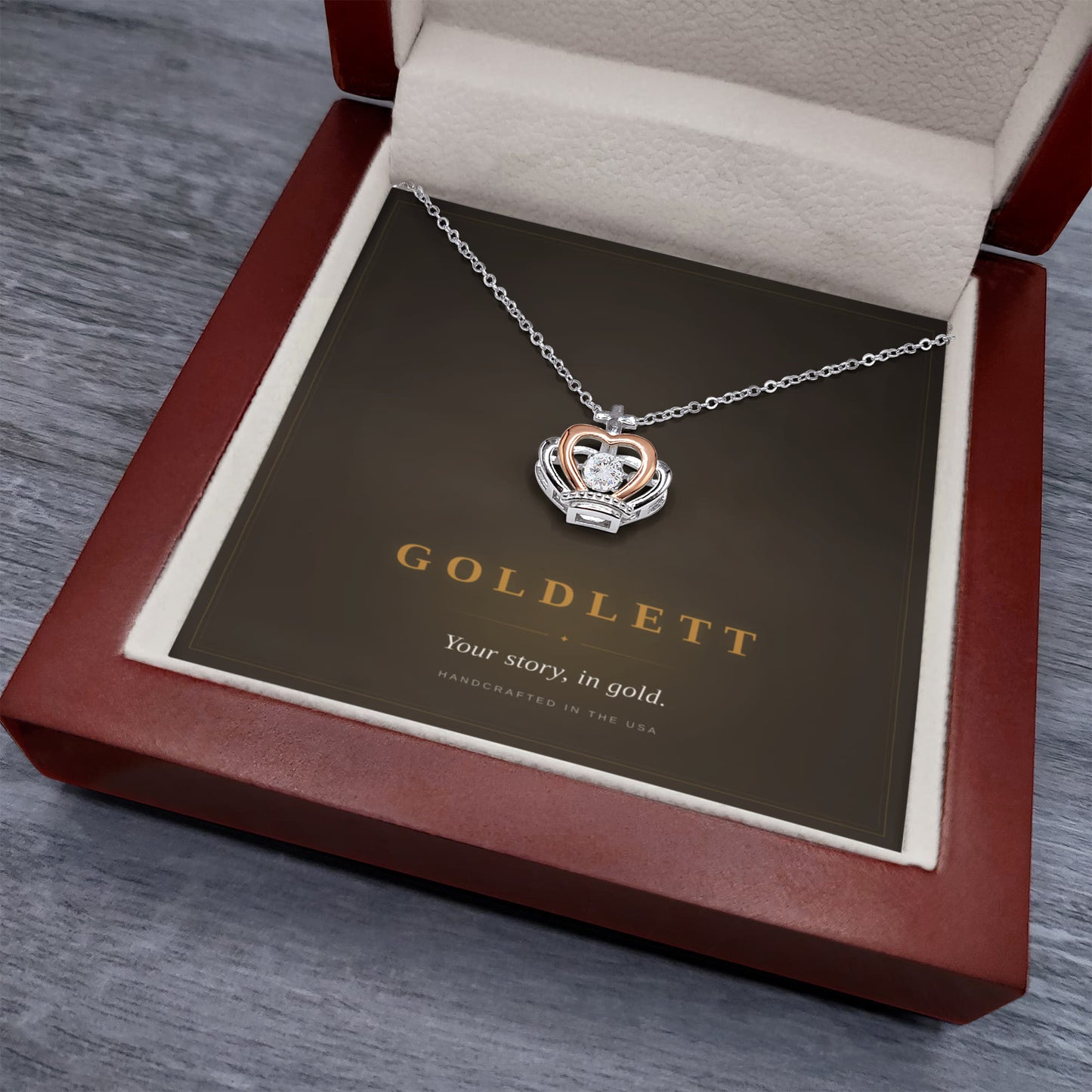 Crown Pendant Necklace, Cubic Zirconia Centre, Rose Gold Accents