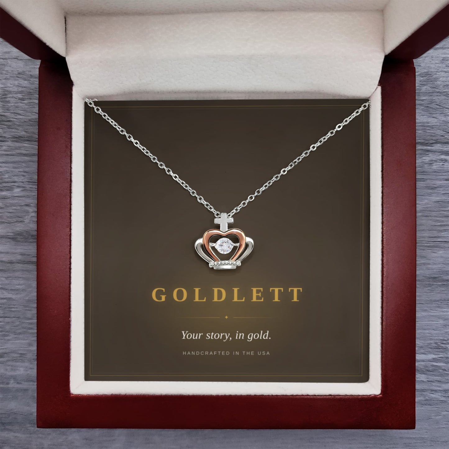 Crown Pendant Necklace, Cubic Zirconia Centre, Rose Gold Accents