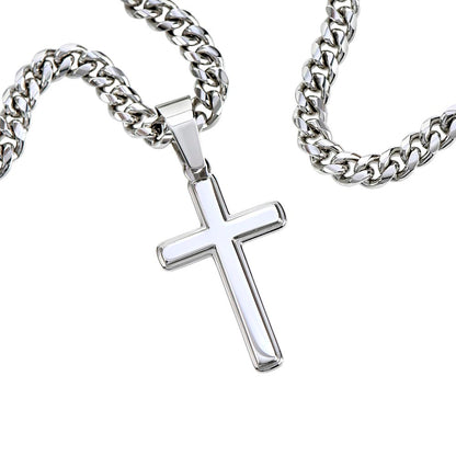 Artisan Cross on Cuban Link Chain, 18K Yellow Gold Finish or Polished Stainless Steel
