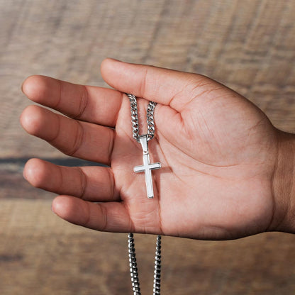 Artisan Cross on Cuban Link Chain, 18K Yellow Gold Finish or Polished Stainless Steel