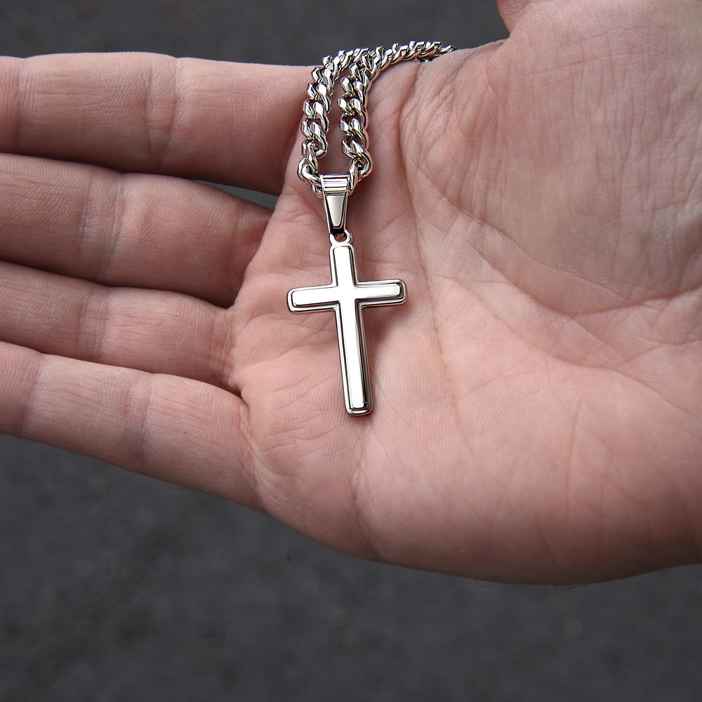 Artisan Cross on Cuban Link Chain, 18K Yellow Gold Finish or Polished Stainless Steel