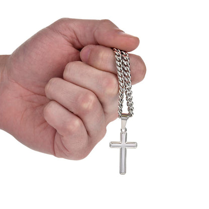 Artisan Cross on Cuban Link Chain, 18K Yellow Gold Finish or Polished Stainless Steel