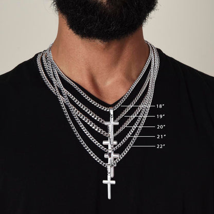 Artisan Cross on Cuban Link Chain, 18K Yellow Gold Finish or Polished Stainless Steel