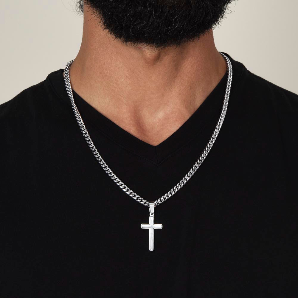Artisan Cross on Cuban Link Chain, 18K Yellow Gold Finish or Polished Stainless Steel