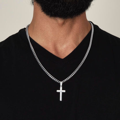 Artisan Cross on Cuban Link Chain, 18K Yellow Gold Finish or Polished Stainless Steel