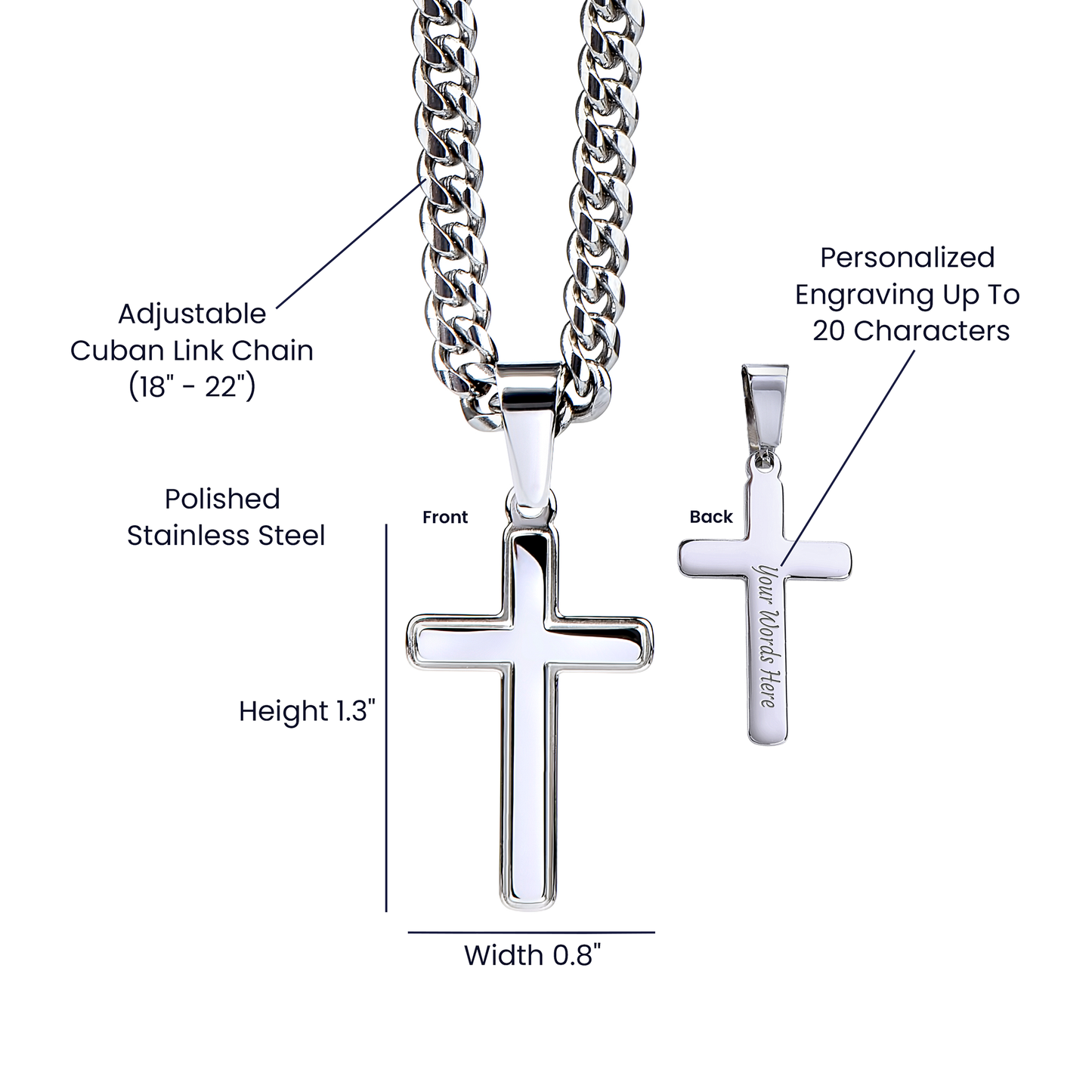 Artisan Cross on Cuban Link Chain, 18K Yellow Gold Finish or Polished Stainless Steel