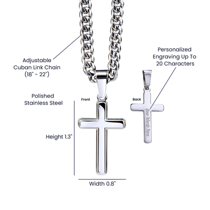 Artisan Cross on Cuban Link Chain, 18K Yellow Gold Finish or Polished Stainless Steel