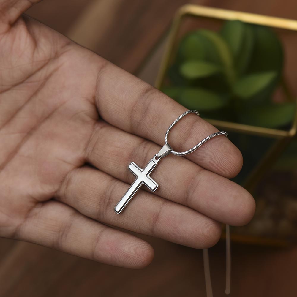 Artisan Cross Necklace on Snake Chain, 18K Yellow Gold Finish or Polished Stainless Steel