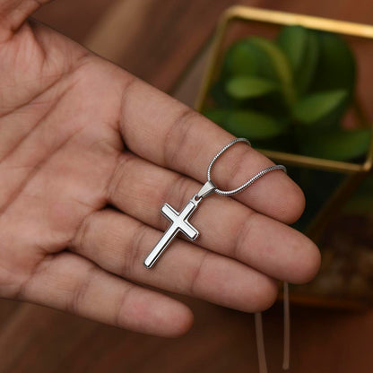 Artisan Cross Necklace on Snake Chain, 18K Yellow Gold Finish or Polished Stainless Steel