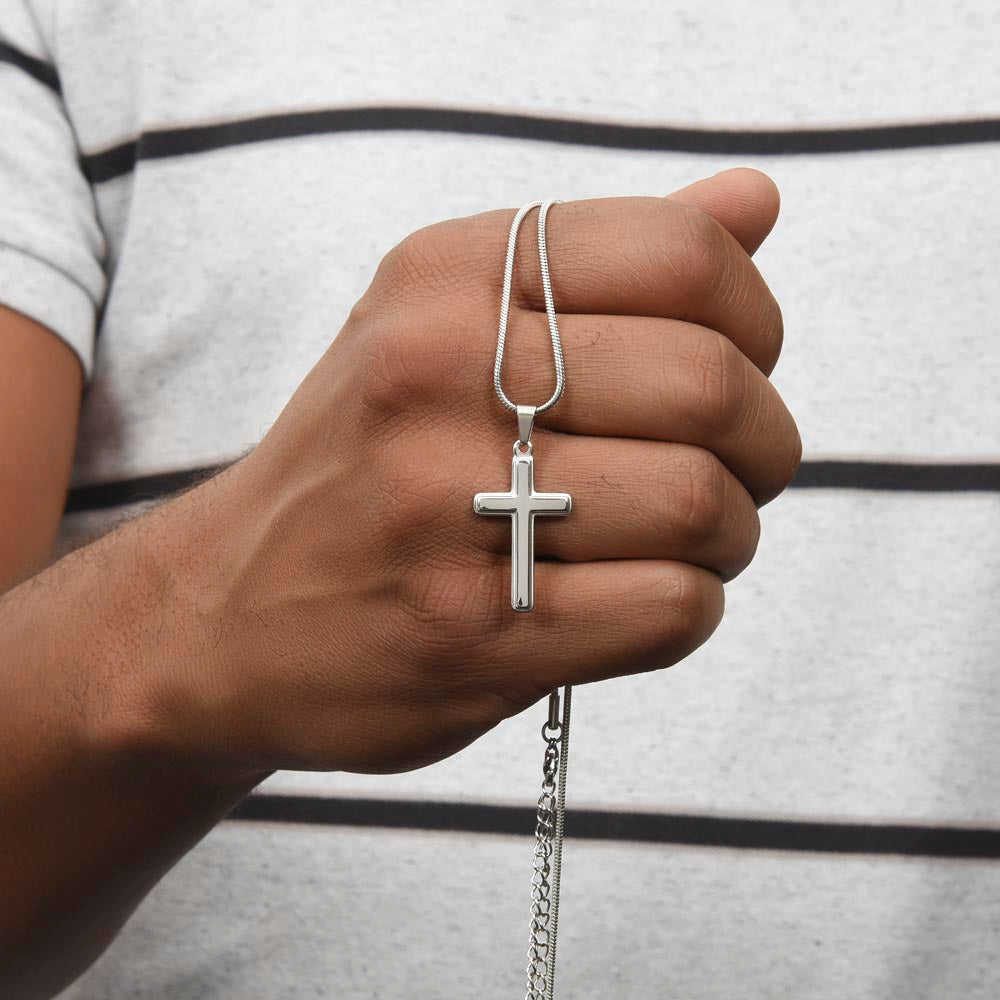 Artisan Cross Necklace on Snake Chain, 18K Yellow Gold Finish or Polished Stainless Steel