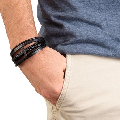 Men's Cross Leather Bracelet, Braided Vegan Leather with Sta - Men's Cross Bracelet LF 8