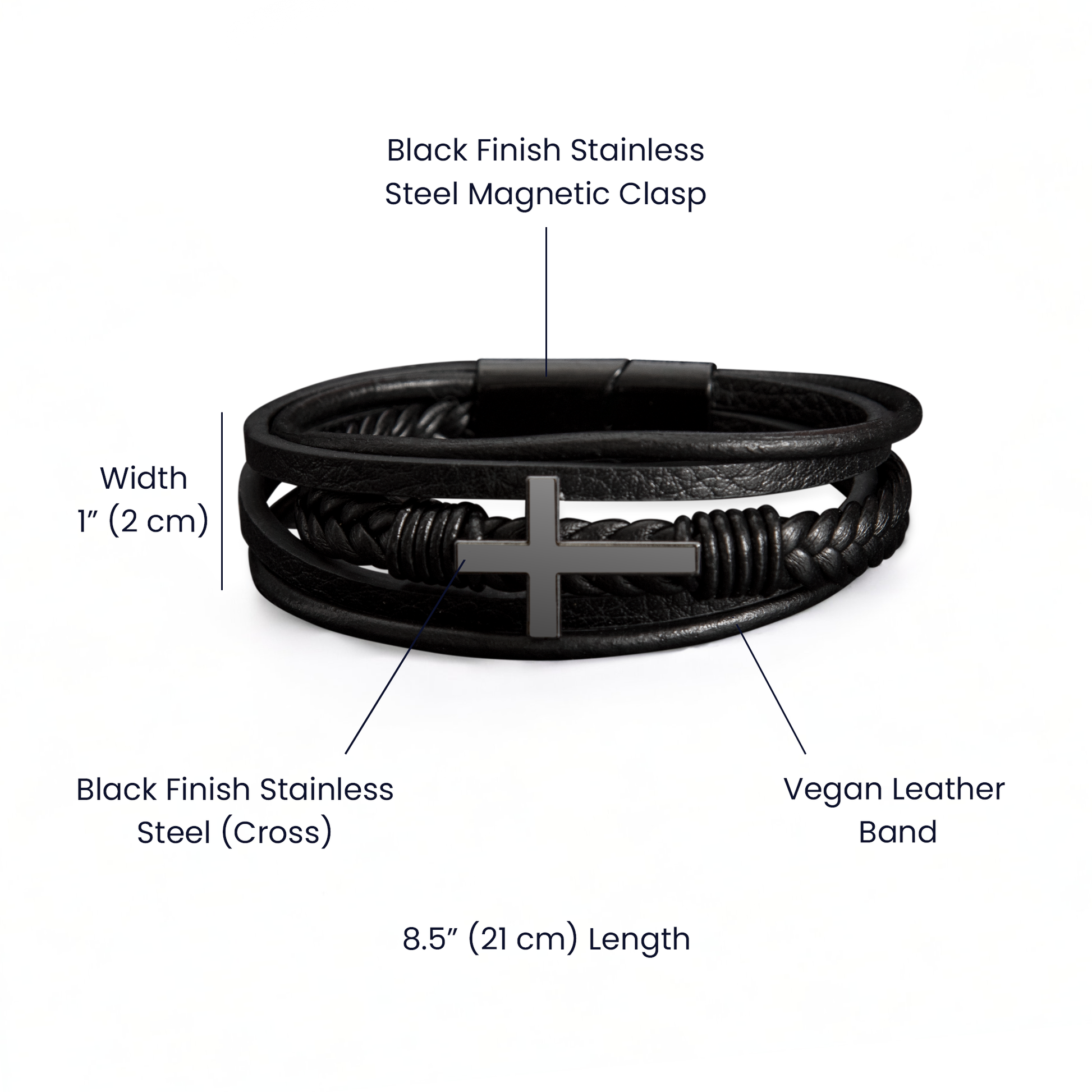 Men's Cross Leather Bracelet, Braided Vegan Leather with Sta - Specification Image For The Love you forever Bracelet