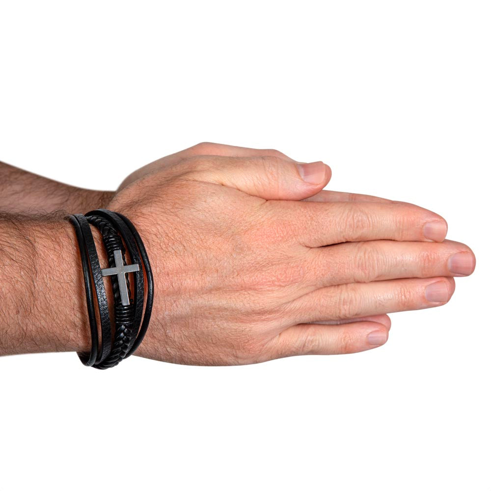 Men's Cross Leather Bracelet, Braided Vegan Leather with Sta - Men's Cross Bracelet LF 5