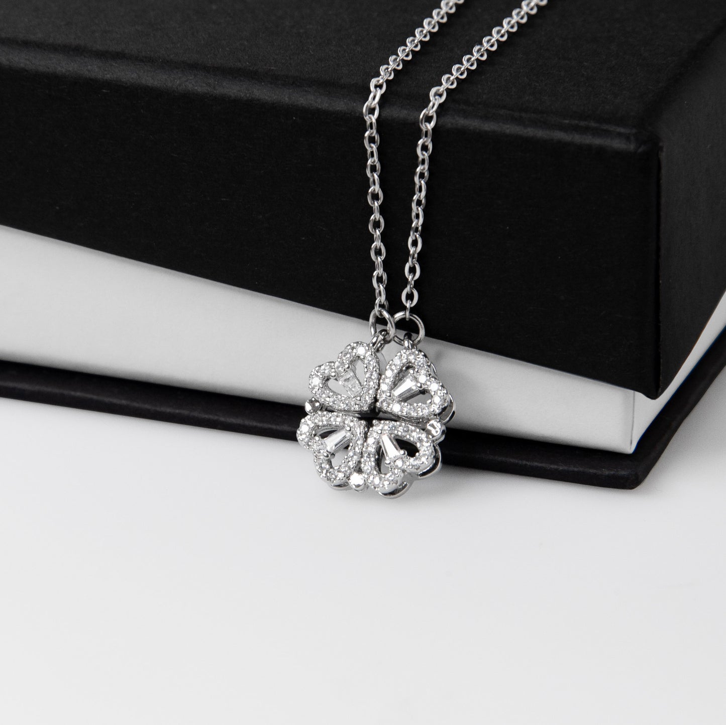 Magnetic Hearts Necklace, Four Crystal Hearts Form a Lucky C - Magnetic Clover Necklace Lifestyle