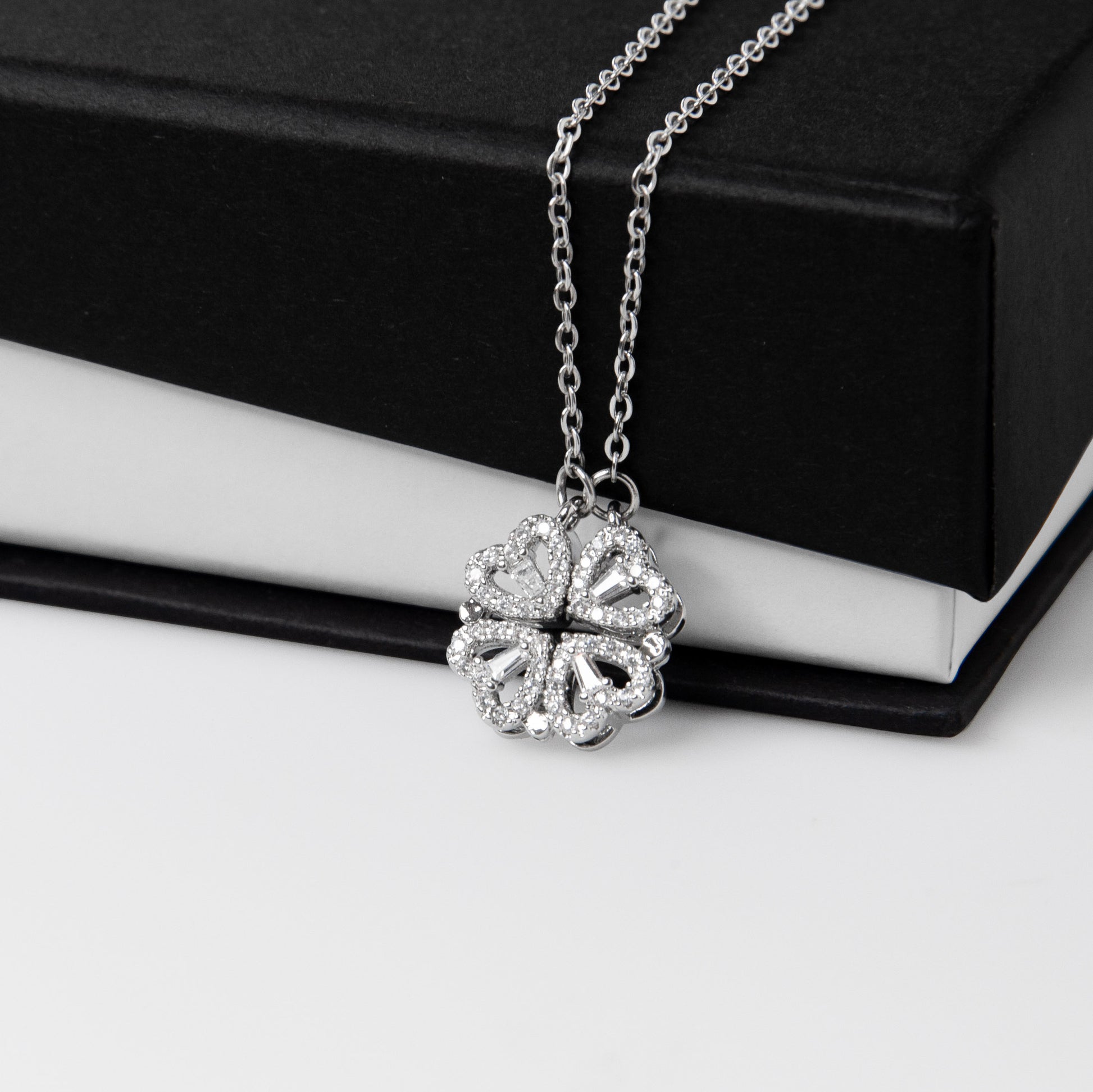 Magnetic Hearts Necklace, Four Crystal Hearts Form a Lucky C - Magnetic Clover Necklace Lifestyle