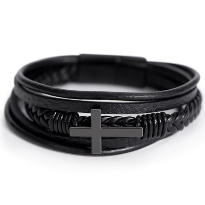 Men's Cross Leather Bracelet, Braided Vegan Leather with Sta - Men's Cross Bracelet LF 12