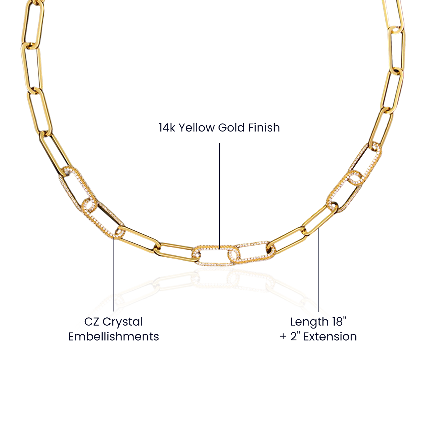 CZ Paperclip Chain Necklace, 18K Gold Finish, Crystal Set Links