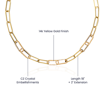 CZ Paperclip Chain Necklace, 18K Gold Finish, Crystal Set Links
