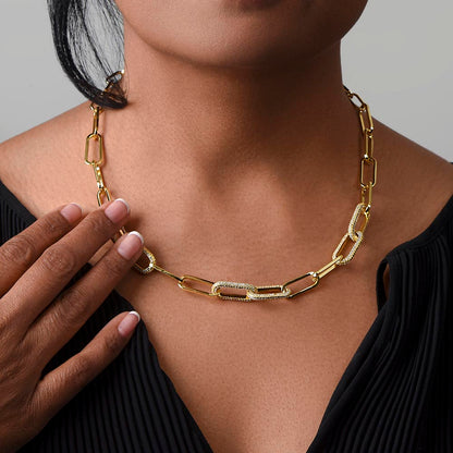 CZ Paperclip Chain Necklace, 18K Gold Finish, Crystal Set Links