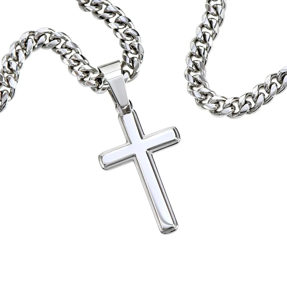 Artisan Cross on Cuban Link Chain, 18K Yellow Gold Finish or Polished Stainless Steel