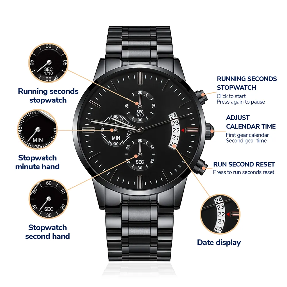 Black Chronograph Watch for Men, Three Subdials, Mahogany Luxury Gift Box