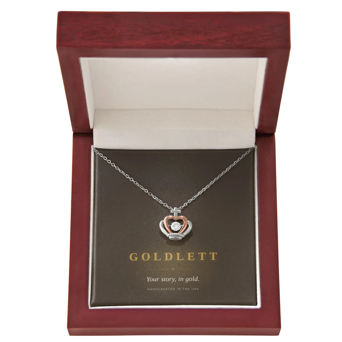 Crown Pendant Necklace, Cubic Zirconia Centre, Rose Gold Accents